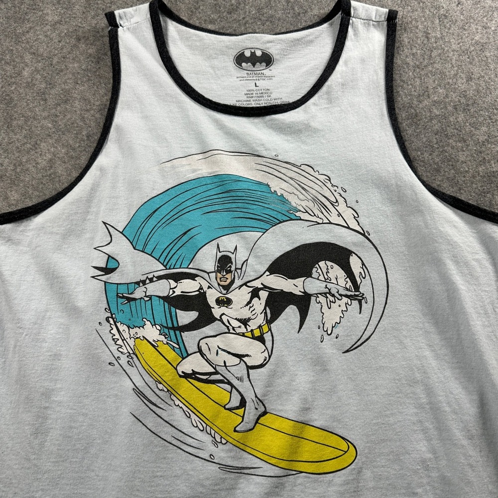 Batman Tank Top Mens L Blue Surfing Graphic Ringer Sleeveless Shirt